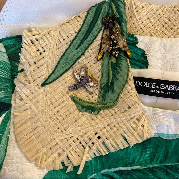 DOLCE AND GABBANA Green White Banana Leaf Tropical Print Straw Collar Jacket - Picture 12 of 15